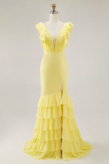Yellow Mermaid V-Neck Tiered Long Formal Dress with Ruffled Slit